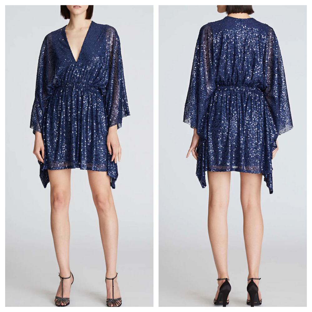 Halston Mini Dress Navy Blue Catalina Sequin V Neck Caftan Cocktail $425